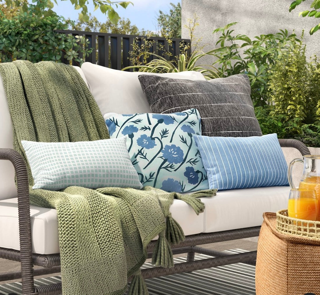 10"x17" Pin Stripe Rectangular Outdoor Lumbar Pillow Blue