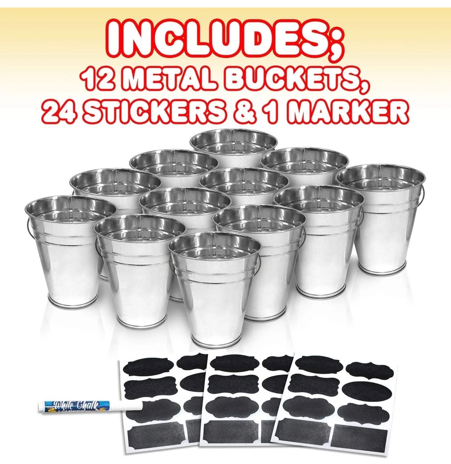 Large Galvanized Metal Buckets Set, Includes 12 Rustic Pails with Handles, 24 Chalkboard Labels and 1 Liquid Chalk Marker, 5" Galvanized Buckets
