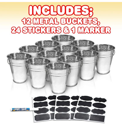 Large Galvanized Metal Buckets Set, Includes 12 Rustic Pails with Handles, 24 Chalkboard Labels and 1 Liquid Chalk Marker, 5" Galvanized Buckets