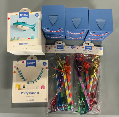 Shark Party Bundle (includes 6 Shark Balloons, 6 Shark Surprise Boxes, 2 packs of Party Favor Blowers (6 count each) and 1 “Happy Birthday” Banner)