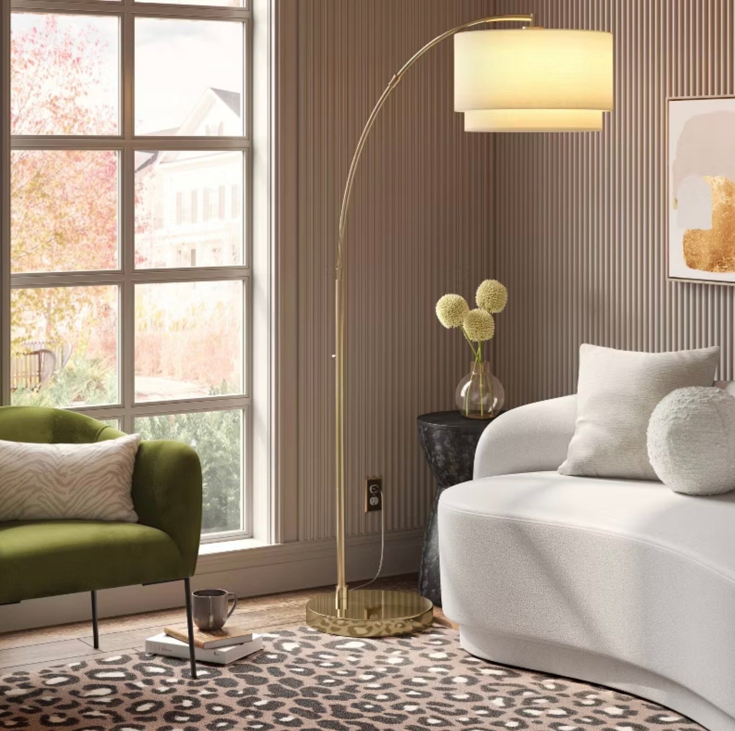 68"x41" Knurled Metal Arc Floor Lamp with Tiered Shade - Brass - Curved Standing Illumination for Living Room - Some Cosmetic Damage - (see pictures ) - LAMPS MAY BE OUT OF BOX - FOR PICKUP ONLY