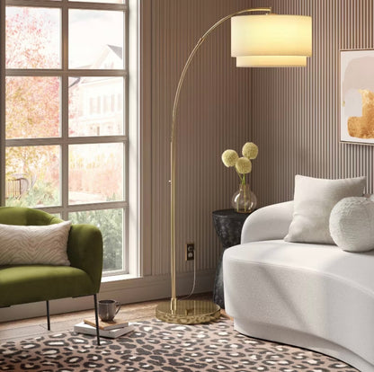 68"x41" Knurled Metal Arc Floor Lamp with Tiered Shade - Brass - Curved Standing Illumination for Living Room - Some Cosmetic Damage - (see pictures ) - LAMPS MAY BE OUT OF BOX - FOR PICKUP ONLY