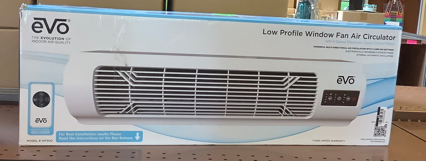EVO Low Profile Oscillating Window Fan Air Circulator:
Portable, Quiet, 4 Speeds, Remote, ETL Listed, 200-500 sq. ft.