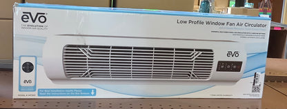 EVO Low Profile Oscillating Window Fan Air Circulator:
Portable, Quiet, 4 Speeds, Remote, ETL Listed, 200-500 sq. ft.