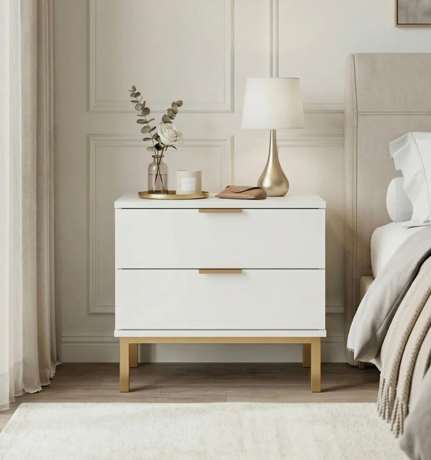 THRIFTY 70 - 2-Drawer Nightstand With Gold Metal Legs - Open Box - USED/MISSING ONE DRAWER (See Pictures)- FINAL SALE- NO RETURNS - AS IS