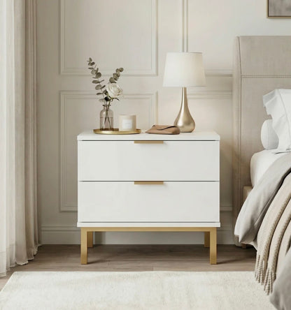 THRIFTY 70 - 2-Drawer Nightstand With Gold Metal Legs - Open Box - USED/MISSING ONE DRAWER (See Pictures)- FINAL SALE- NO RETURNS - AS IS