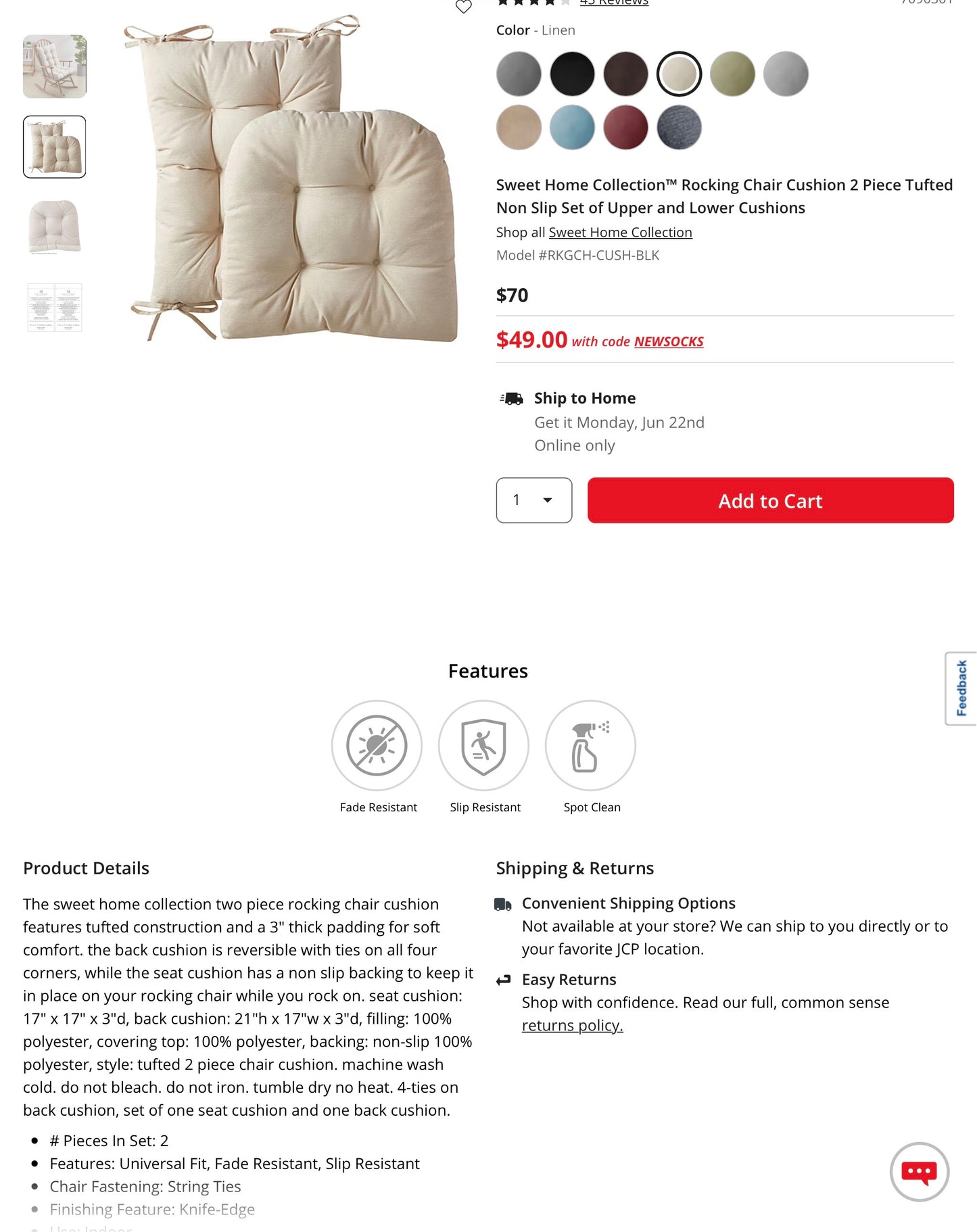 Sweet Home Collection™ Rocking Chair Cushion 2 Piece Tufted Non Slip Set of Upper and Lower Cushions in Linen