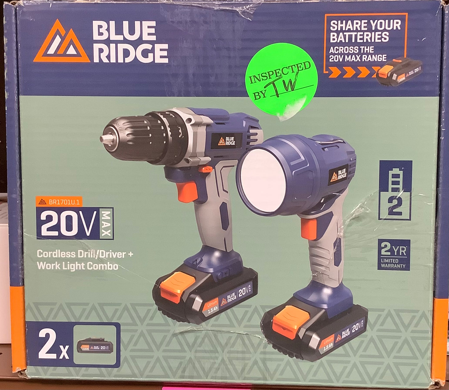 Blue Ridge Tools Drill Combo Kit: 20V Lithium lon, Driver Drill with Light, 1.5 Amps, 2 Batteries Included