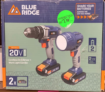 Blue Ridge Tools Drill Combo Kit: 20V Lithium lon, Driver Drill with Light, 1.5 Amps, 2 Batteries Included