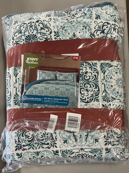 Jenny Martinez - Emma - 3-pc. Geometric Reversible Quilt Set - Blue Opal - FULL/QUEEN