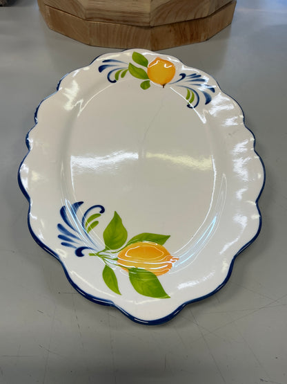 Mulhouse 15.75” ceramic oval serving tray white/blue edge