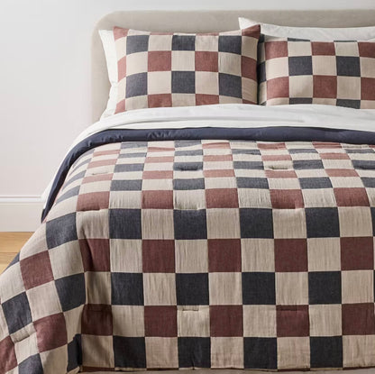 Twin/Twin Extra Long Woven Check Comforter Set Neutral/Navy/Burgundy - Threshold™ designed with Studio McGee