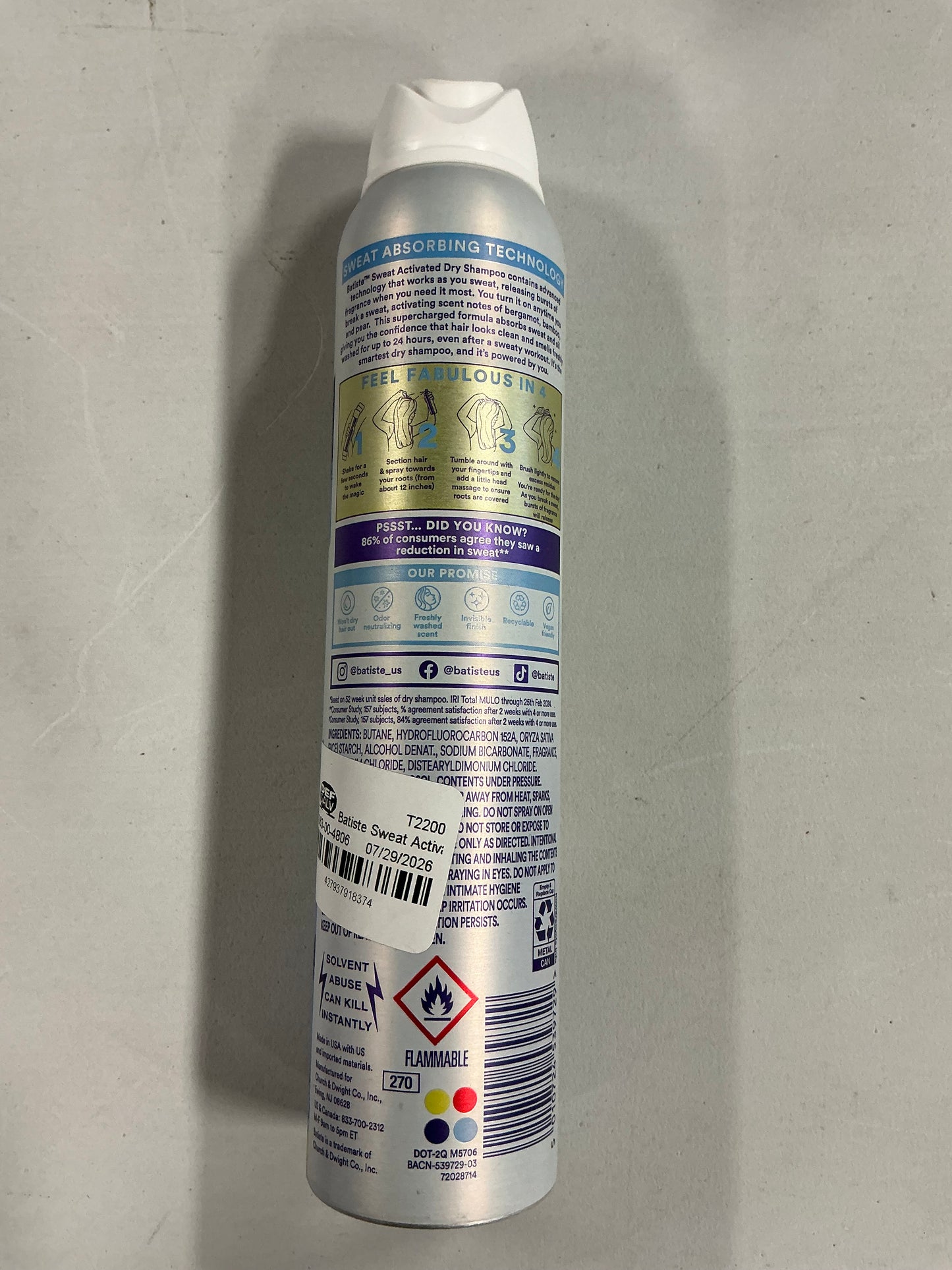 Batiste Sweat Activated Dry Shampoo - 3.81oz: All Hair Types, Basic Cleansing, Daily Use, Aerosol Form