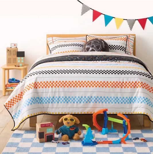 Full/Queen - Hot Wheels Retro Checkered Stripes Reversible Kids' Comforter Set - Hot Wheels by Pillowfort™