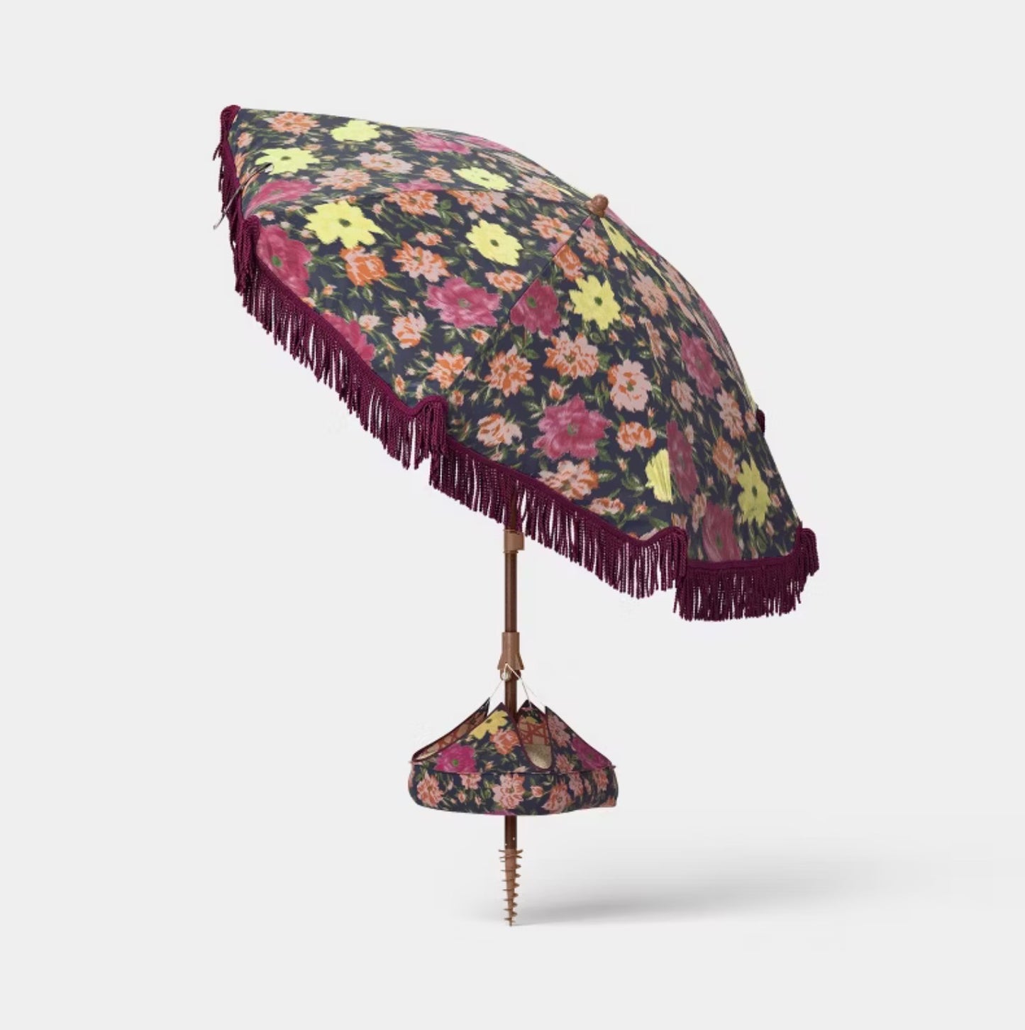 6' Round Floral Beach Umbrella with Fringe - Burgundy FOR PICKUP ONLY