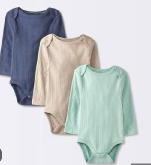 Baby 3pk Solid Long Sleeve Wide Ribbed Bodysuit-3-6M Assorted Colors