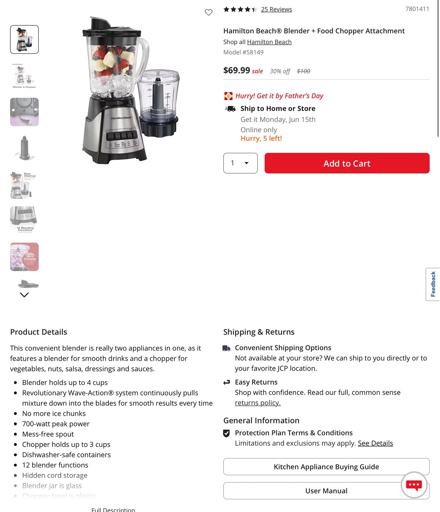 THRIFTY 70 - Hamilton Beach 2-in-1 Blender and Food Chopper- Open Box - USED (See Pictures)- FINAL SALE- NO RETURNS - AS IS