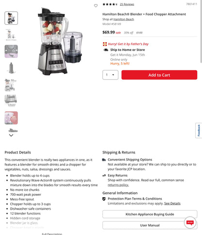 THRIFTY 70 - Hamilton Beach 2-in-1 Blender and Food Chopper- Open Box - USED (See Pictures)- FINAL SALE- NO RETURNS - AS IS