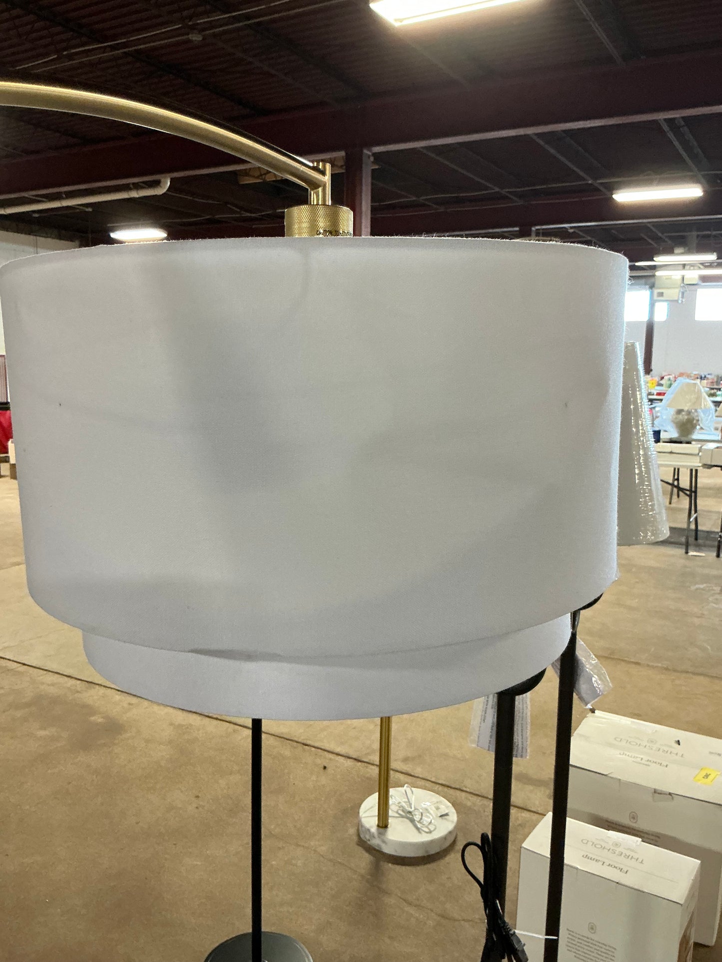 68"x41" Knurled Metal Arc Floor Lamp with Tiered Shade - Brass - Curved Standing Illumination for Living Room - Some Cosmetic Damage - (see pictures ) - LAMPS MAY BE OUT OF BOX - FOR PICKUP ONLY