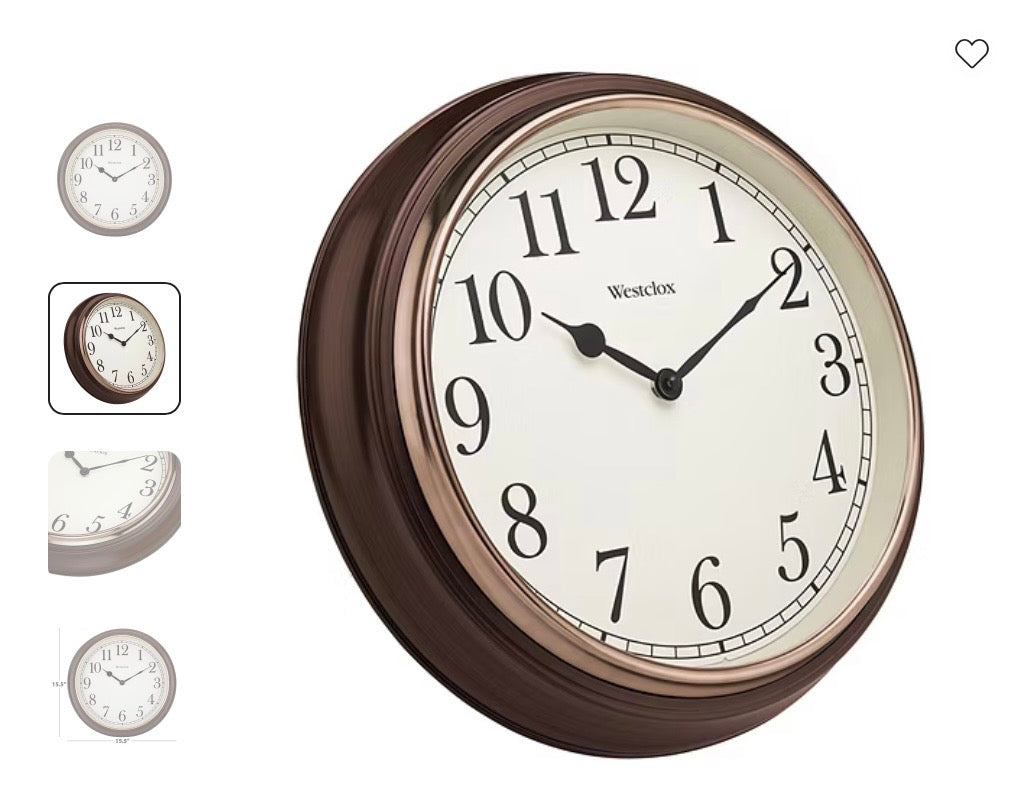 Westclox 15.5" Round Woodgrain Wall Clock, faux wood grain finish frame and a brass tone trim bezel