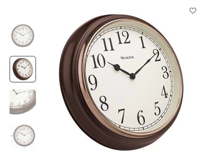 Westclox 15.5" Round Woodgrain Wall Clock, faux wood grain finish frame and a brass tone trim bezel