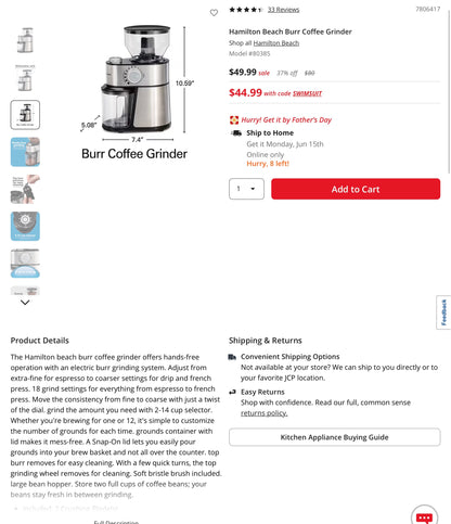 THRIFTY 70 - Hamilton Beach Burr Coffee Grinder - Open Box - USED (See Pictures)- FINAL SALE- NO RETURNS - AS IS