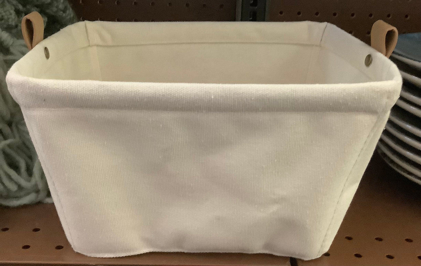 Decorative Canvas Storage Bin with Faux Leather Strap Handles Cream/Tan