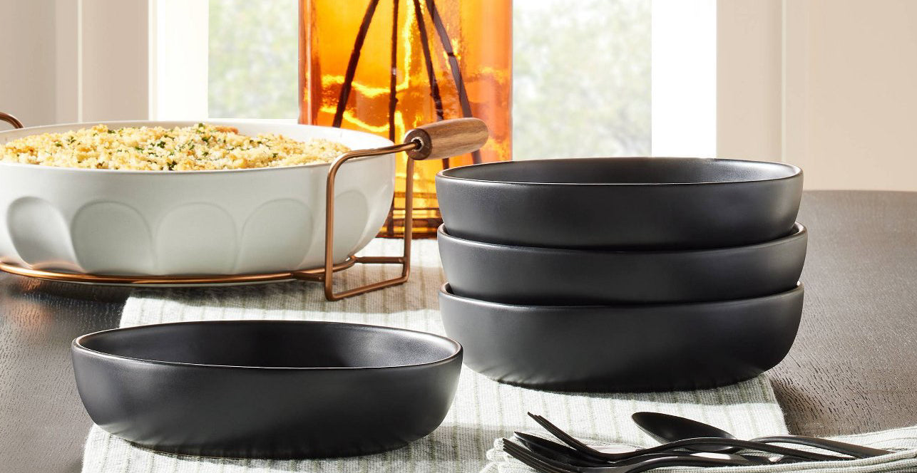 4pk 34oz matte stoneware pasta/grain bowl set-Black
