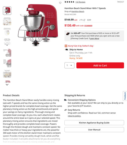 THRIFTY 70 - Hamilton Beach Stan Mixer with 7 Speeds, includes 3 attachments - Open Box - USED (See Pictures)- FINAL SALE- NO RETURNS - AS IS