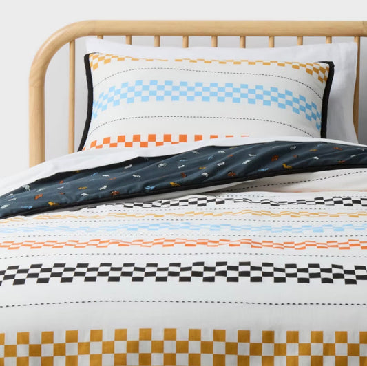 Full/Queen - Hot Wheels Retro Checkered Stripes Reversible Kids' Comforter Set - Hot Wheels by Pillowfort™