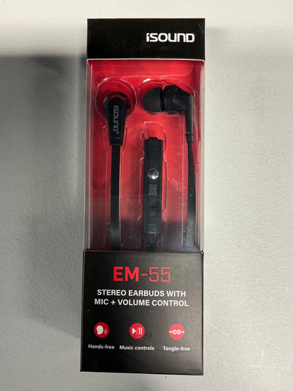 iSound DGHP-5715 ISOUND – EM 55 Earbuds, Tangle Free Flat Cable, In-ear Design That Blocks Outside Noise, Built-in Microphone, Volume Control Slider, Includes a sets of Silicone Tips