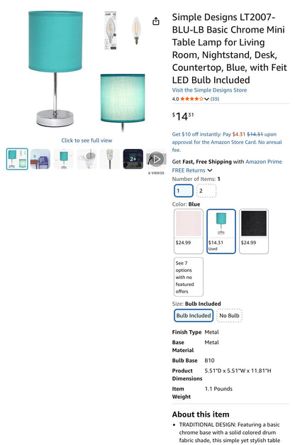 Chrome Mini Table Lamp - Blue - Out of Box