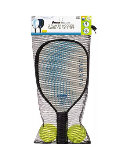 Franklin Sports 2 Player Wood Journey Pickleball Paddle and Ball Set in Mesh Bag - White/Navy: Medium Flex, Traditional Shape - OPEN PACKAGE