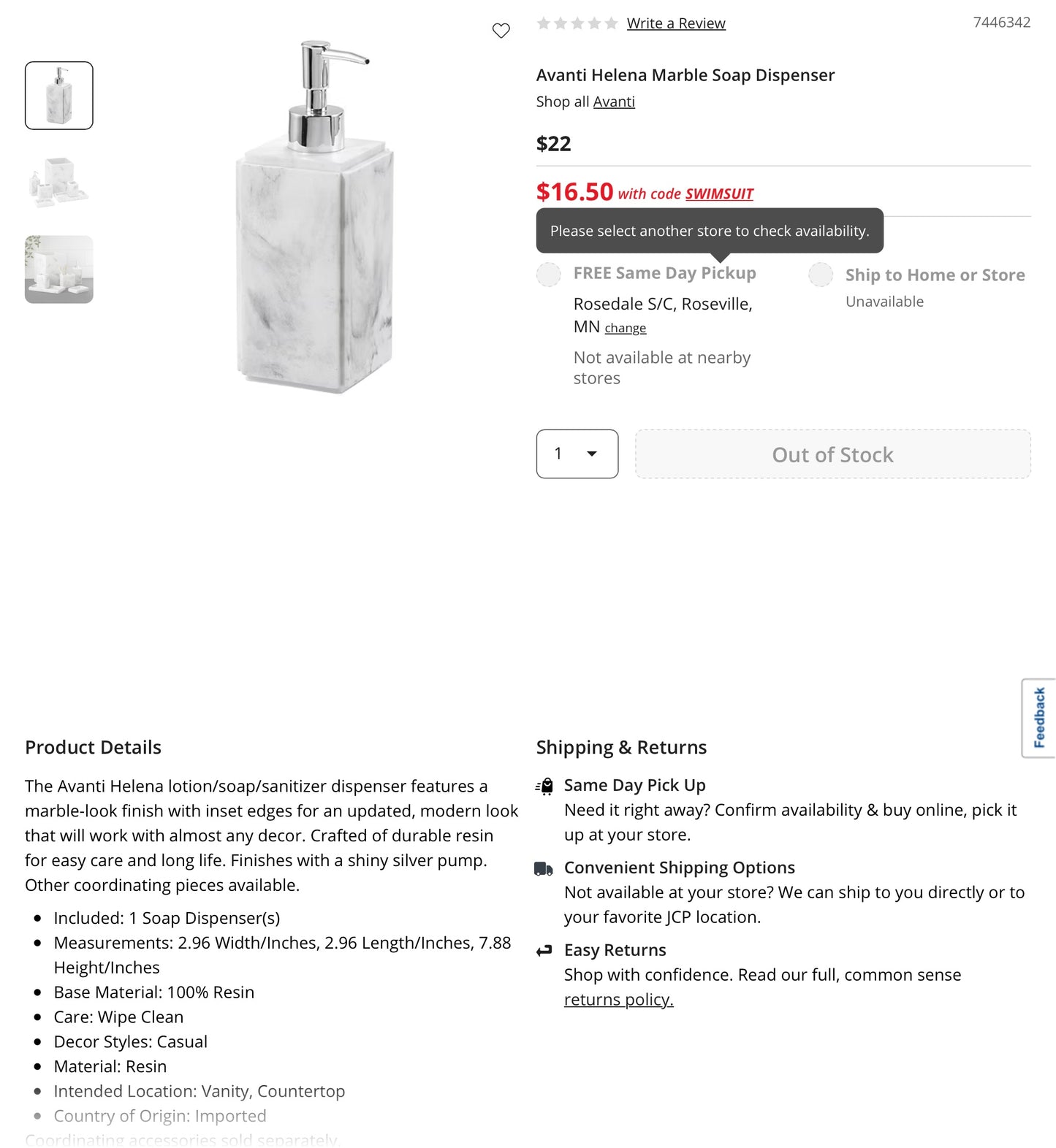 Avanti Helena Marble Soap Dispenser - minor cosmetic imperfections (see pictures) - AS IS