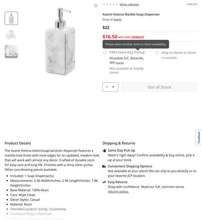 Avanti Helena Marble Soap Dispenser - minor cosmetic imperfections (see pictures) - AS IS