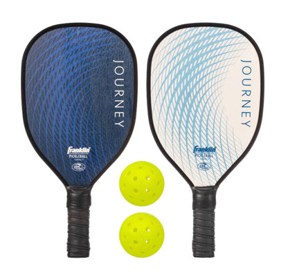 Franklin Sports 2 Player Wood Journey Pickleball Paddle and Ball Set in Mesh Bag - White/Navy: Medium Flex, Traditional Shape - OPEN PACKAGE