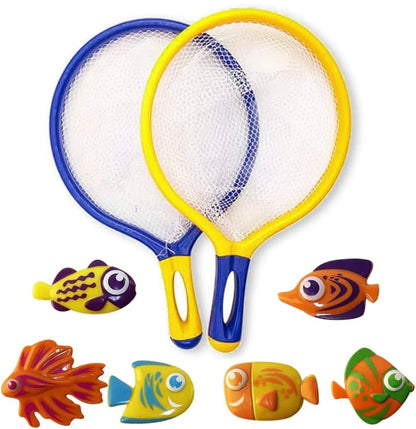 Fishing Net Catch Game, Set of 2, Each Set with 1 Fishing Net and 6 Colorful Fish Toys (Can be used as Pool Toys, Bathtub Toys & Summer Toys)