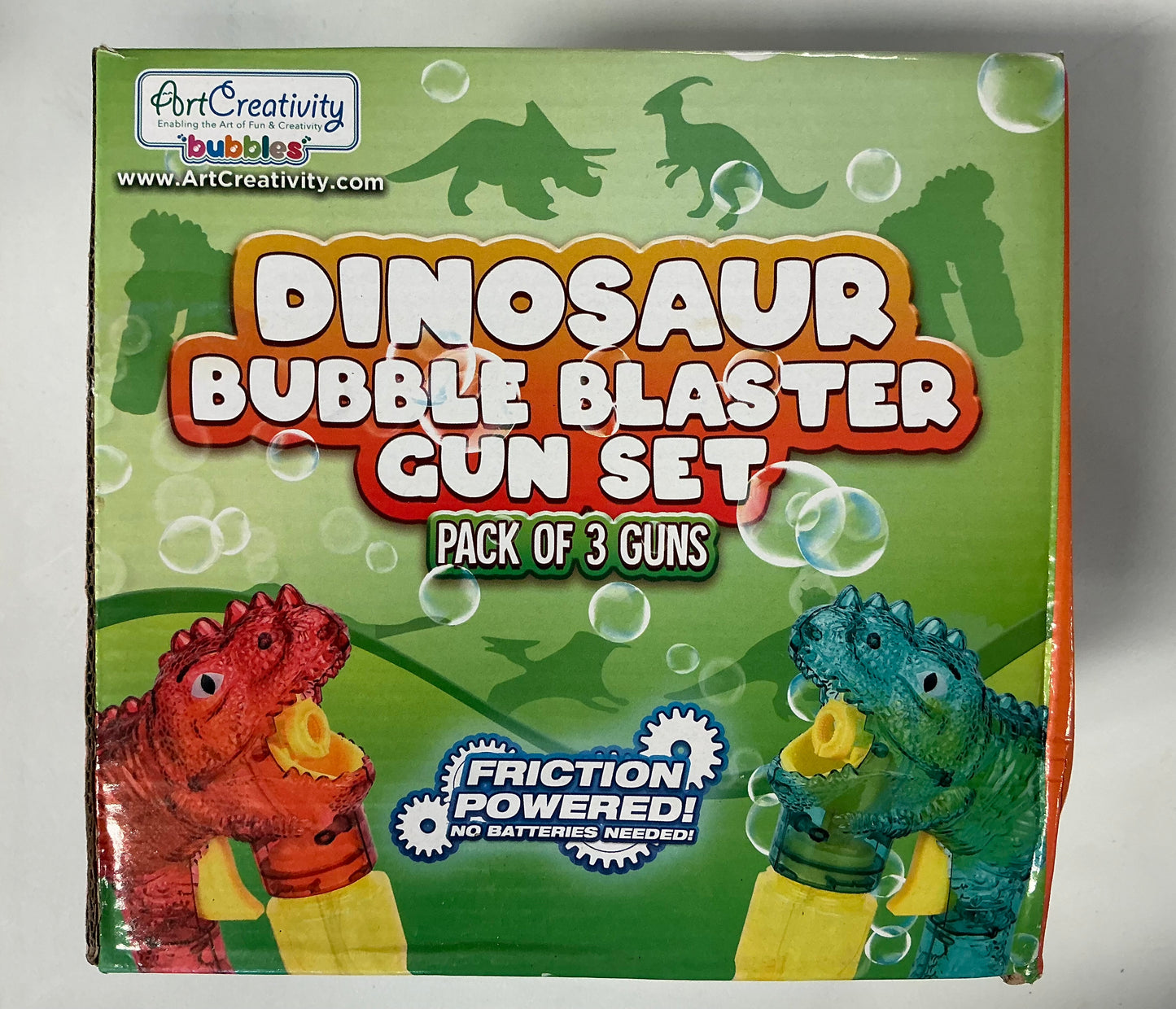Bubbland Dinosaur Friction Powered LED Bubble Blasters - Pack of 3 - No Batteries Needed