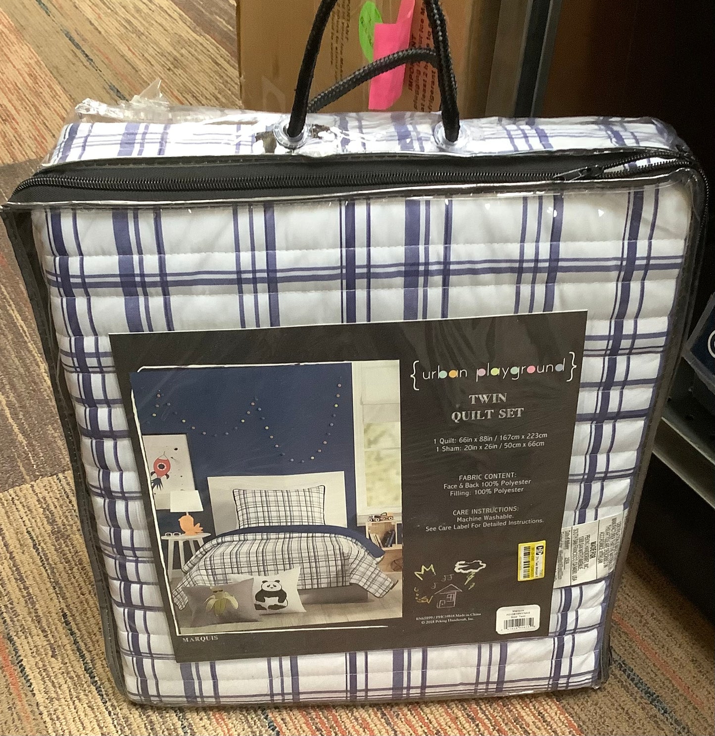 2Pc Twin Marquis Reversible Kids' Quilt Set Navy - Urban Playground: Boys Bedding, Classic Plaid, Polyester, Twin Size