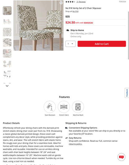 No 918 Verity Set of 2 Chair Slipcover - Damask Print (See pictures for measurements) - Open Box