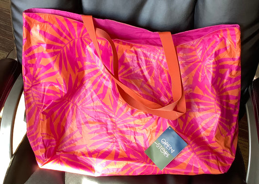 Water Resistant Reversible Tote Bag -Pink/ Coral Palm: Double Handles