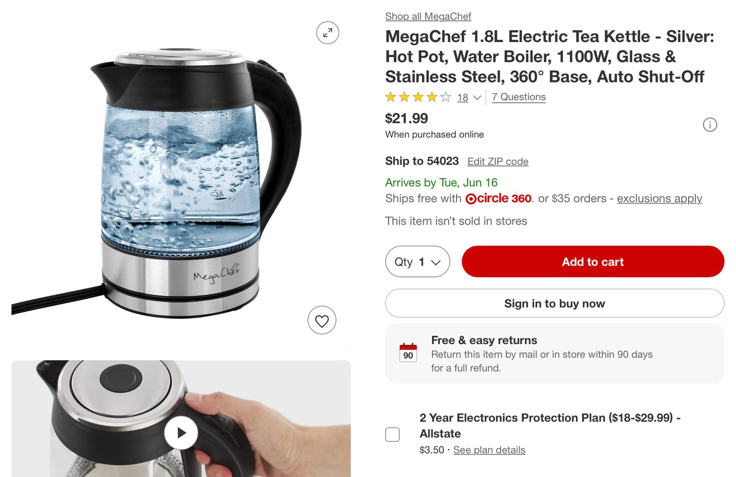 MegaChef 1.8L Electric Tea Kettle - Silver: Hot Pot, Water Boiler, 1100W, Glass & Stainless Steel, 360° Base, Auto Shut-Off - Open Box