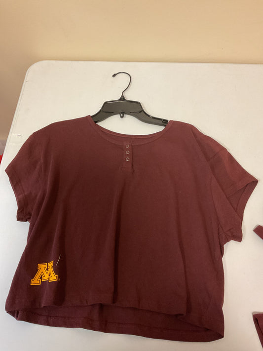 Adult Woman Half button down maroon crop top with a “M” Print