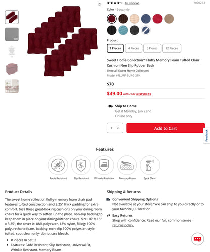 Sweet Home Collection™ Fluffy Memory Foam Tufted Chair Cushion Non Slip Rubber Back - Set of 2 -Burgundy