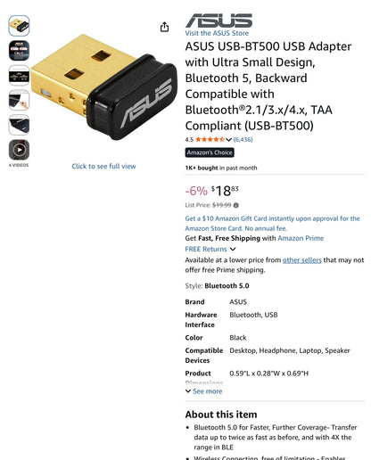 ASUS Bluetooth 5.0 USB-BT500 Adapter - Open Box