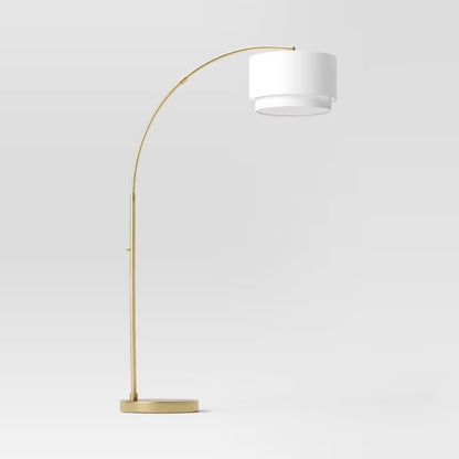 68"x41" Knurled Metal Arc Floor Lamp with Tiered Shade - Brass - Curved Standing Illumination for Living Room - Some Cosmetic Damage - (see pictures ) - LAMPS MAY BE OUT OF BOX - FOR PICKUP ONLY