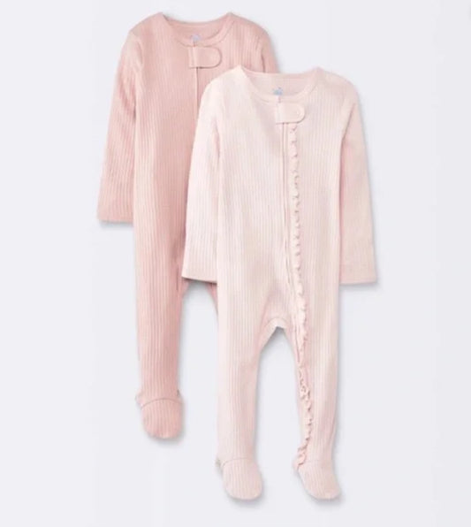 Baby Girls 2pk Solid Wide Ribbed Sleep N’ Play- Pink 3-6M