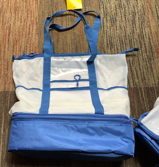 Beach Tote Bag with Zipper Bottom Tan Stripe / Navy