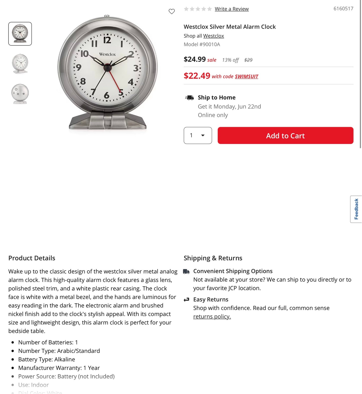 Westclox Silver Metal Alarm Clock - Out of Box