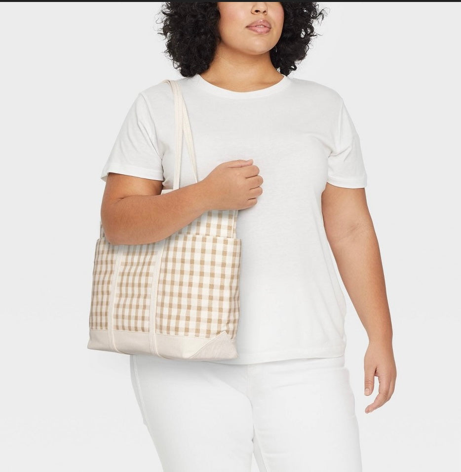 Canvas Cargo Tote Bag - Gingham Cream:
Double Strap, Recycled Cotton, Softside